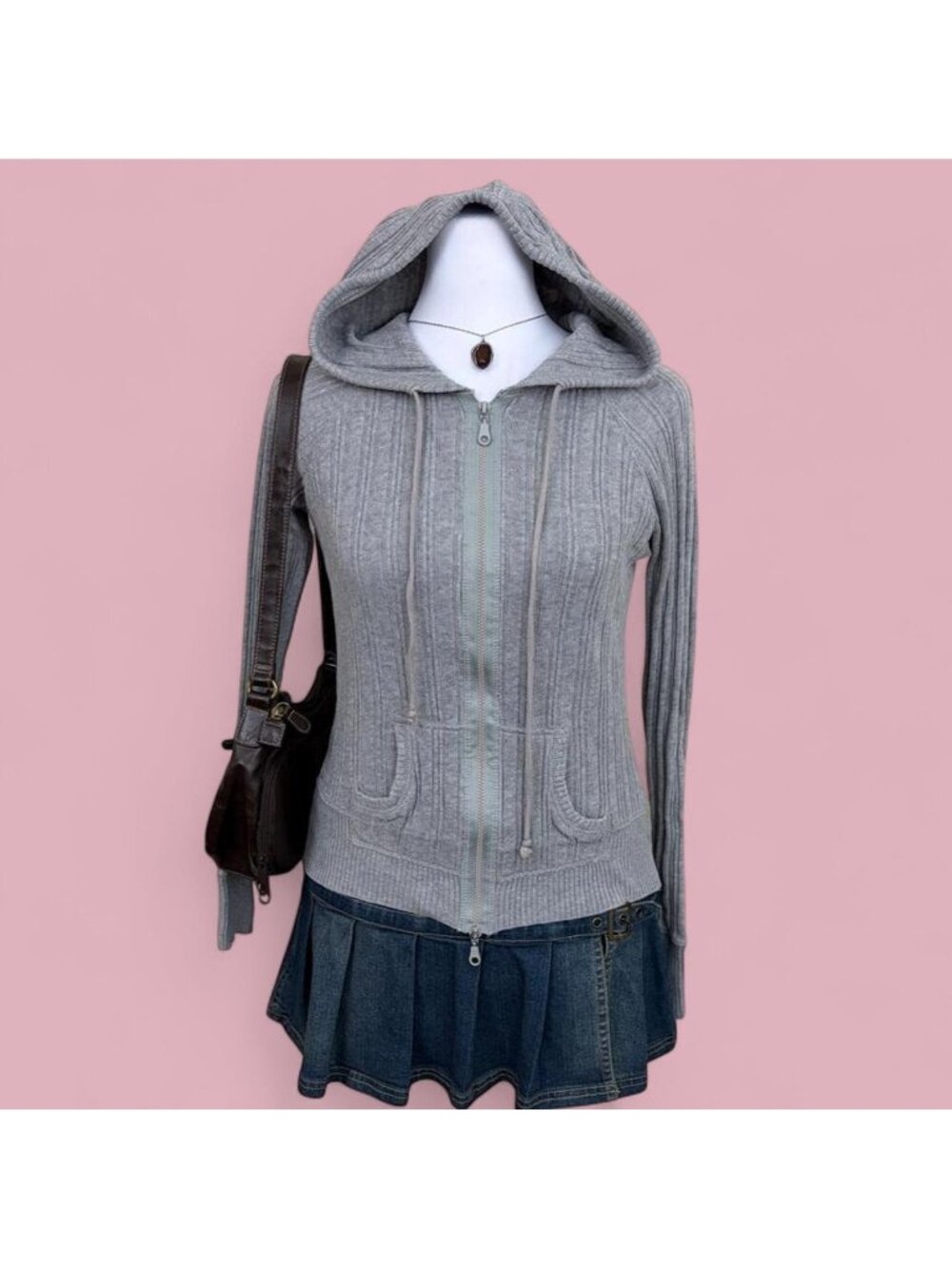 y2k gray ribbed preppy hoodie